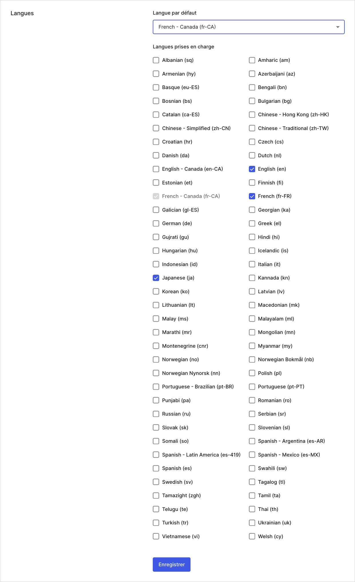 Dashboard Tenant Settings (Paramètres de locataire) – Onglet General (Général) – Languages (Langues)