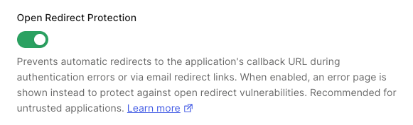 Dashboard Open Redirect Protection toggle
