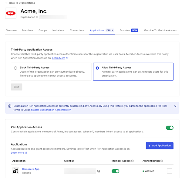 Organization Settings showing Third-Party Application Access options