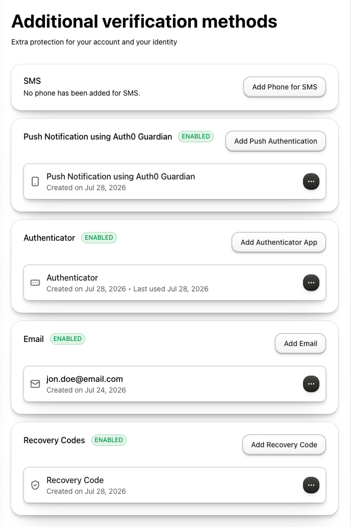 User MFA Management component showing available and enrolled verification methods