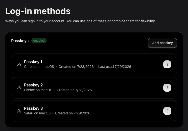 User Passkey Management component showing enrolled passkeys
