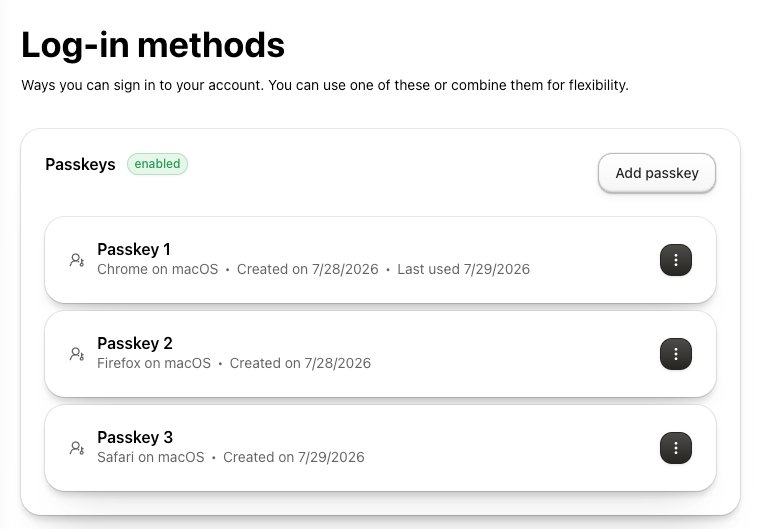 User Passkey Management component showing enrolled passkeys