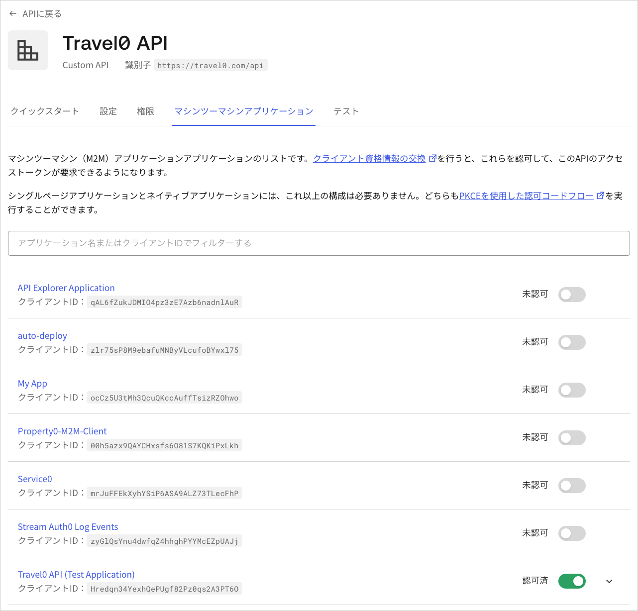 Dashboard - アプリケーション - API - マシンツーマシンアプリケーション