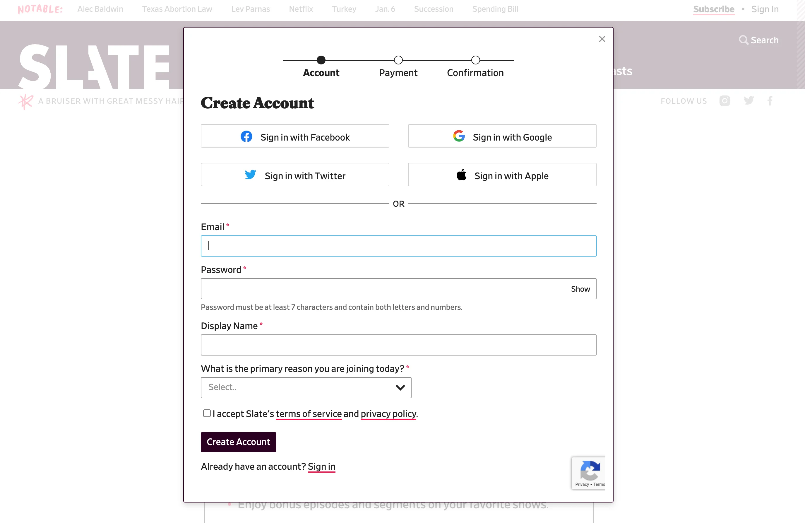Screenshot of Slate magazine login