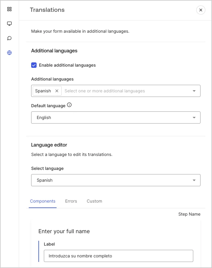 Dashboard > Forms > Custom messages and translations > Translation message