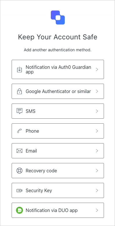 The authentication method selection screen