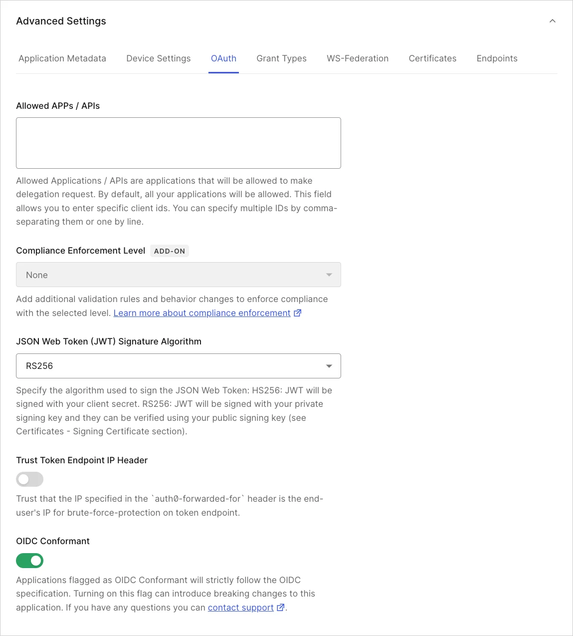 Dashboard Applications Application Settings Tab Advanced Settings OAuth Tab