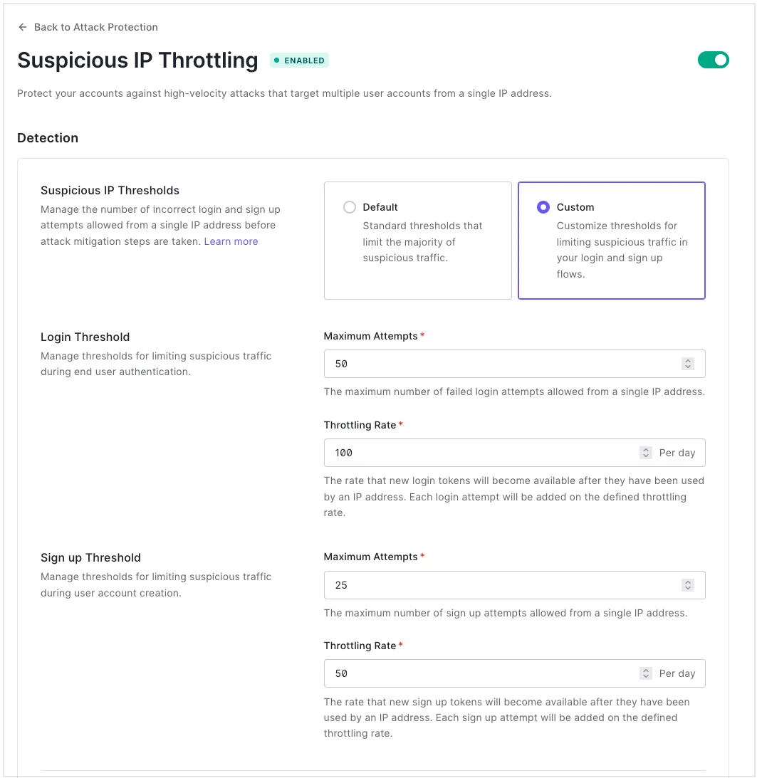 Suspicious IP throttling customization in the Auth0 dashboard