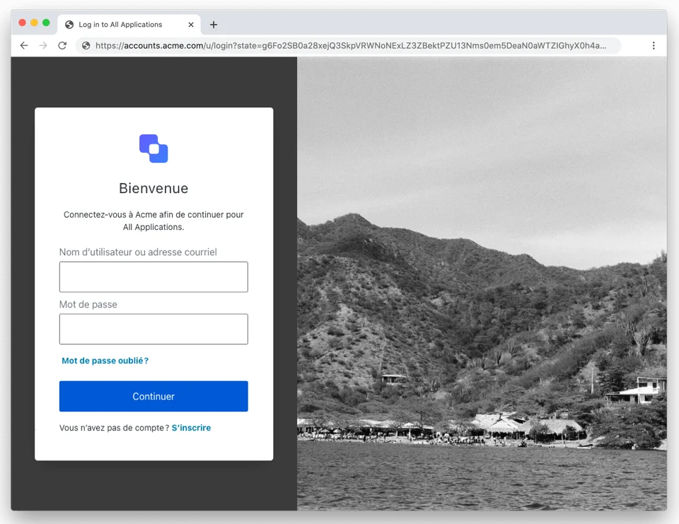Boîte Universal Login (Connexion universelle) et exemple de présentation d’adresse électronique/mot de passe et pieds de page