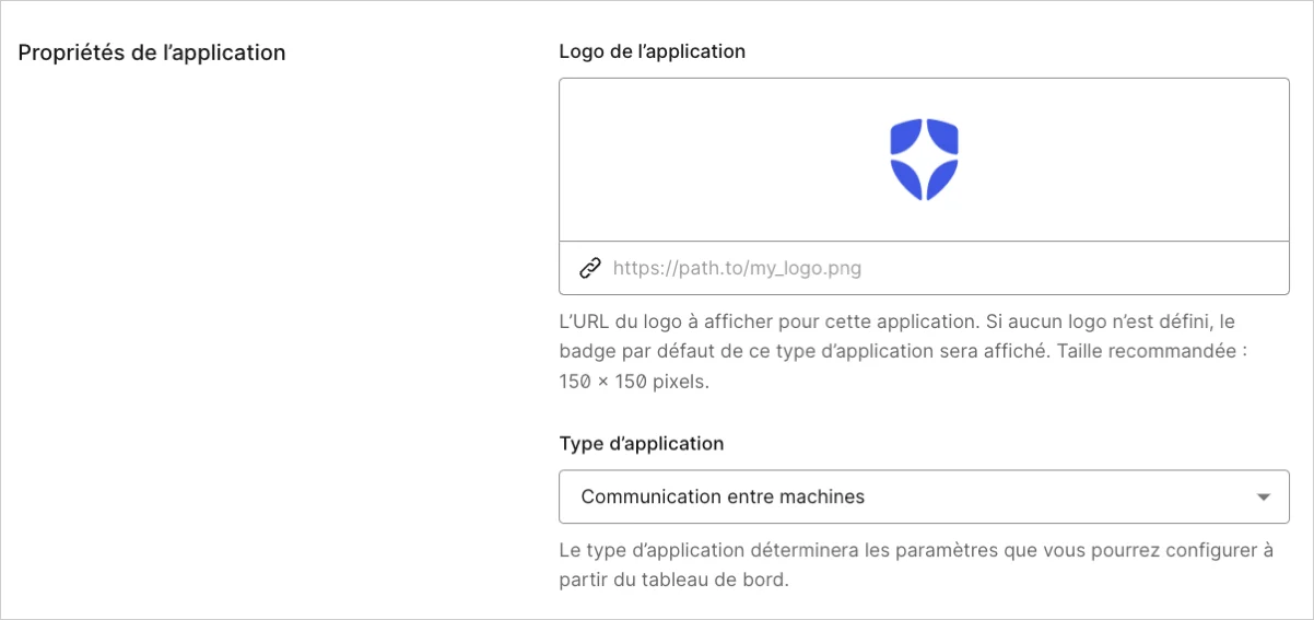 Dashboard Applications Onglet Paramètres d’application Propriétés de l’application