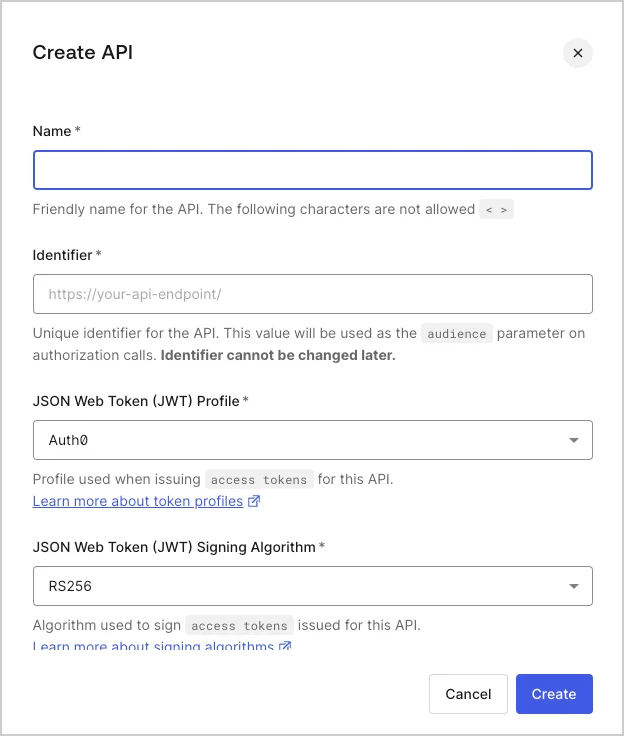Dashboard - Applications - APIs - Create API - Popup