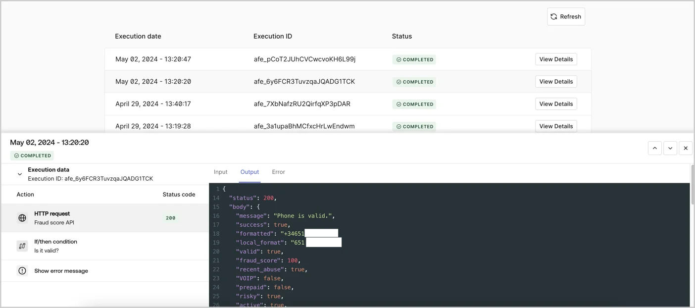 Dashboard > Actions > Forms > Flows > Executions