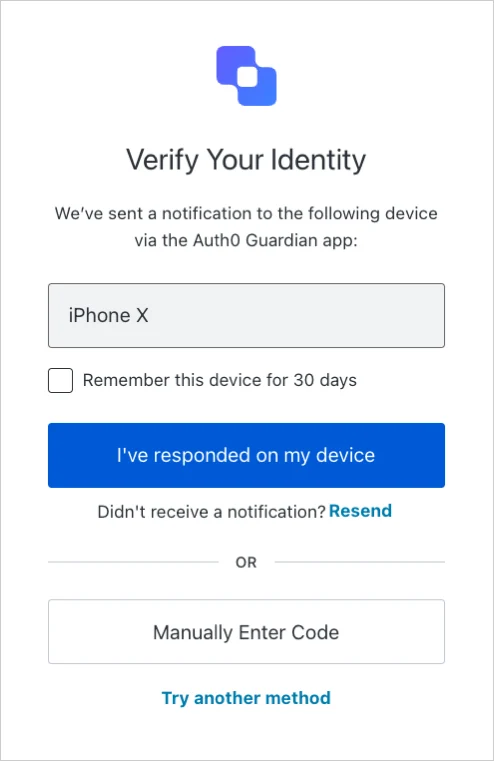 An example MFA prompt displaying the Manually Enter Code button