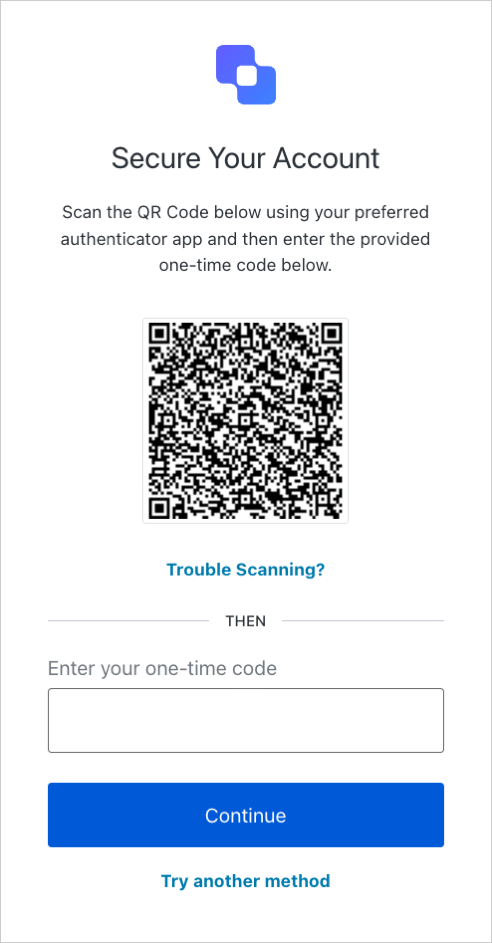 Trouble Scanning?リンクが表示されたOTP登録画面の例