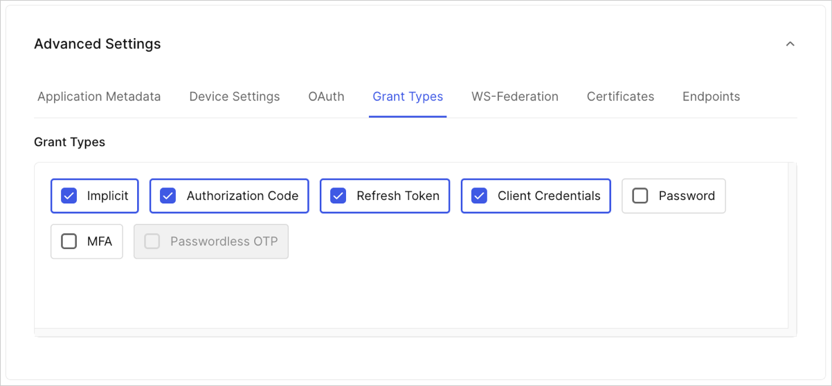 Auth0 Dashboard アプリケーション アプリケーション設定 タブ 詳細設定 グラントタイプ タブ