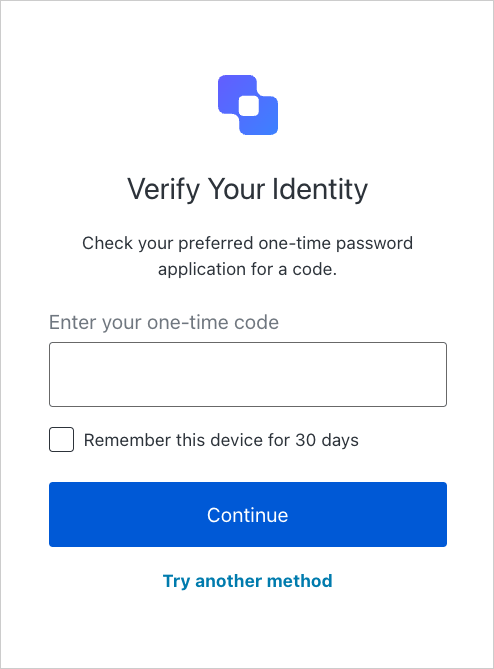 ユーザーにワンタイムコードの入力を求める「Verify Your Identity」画面