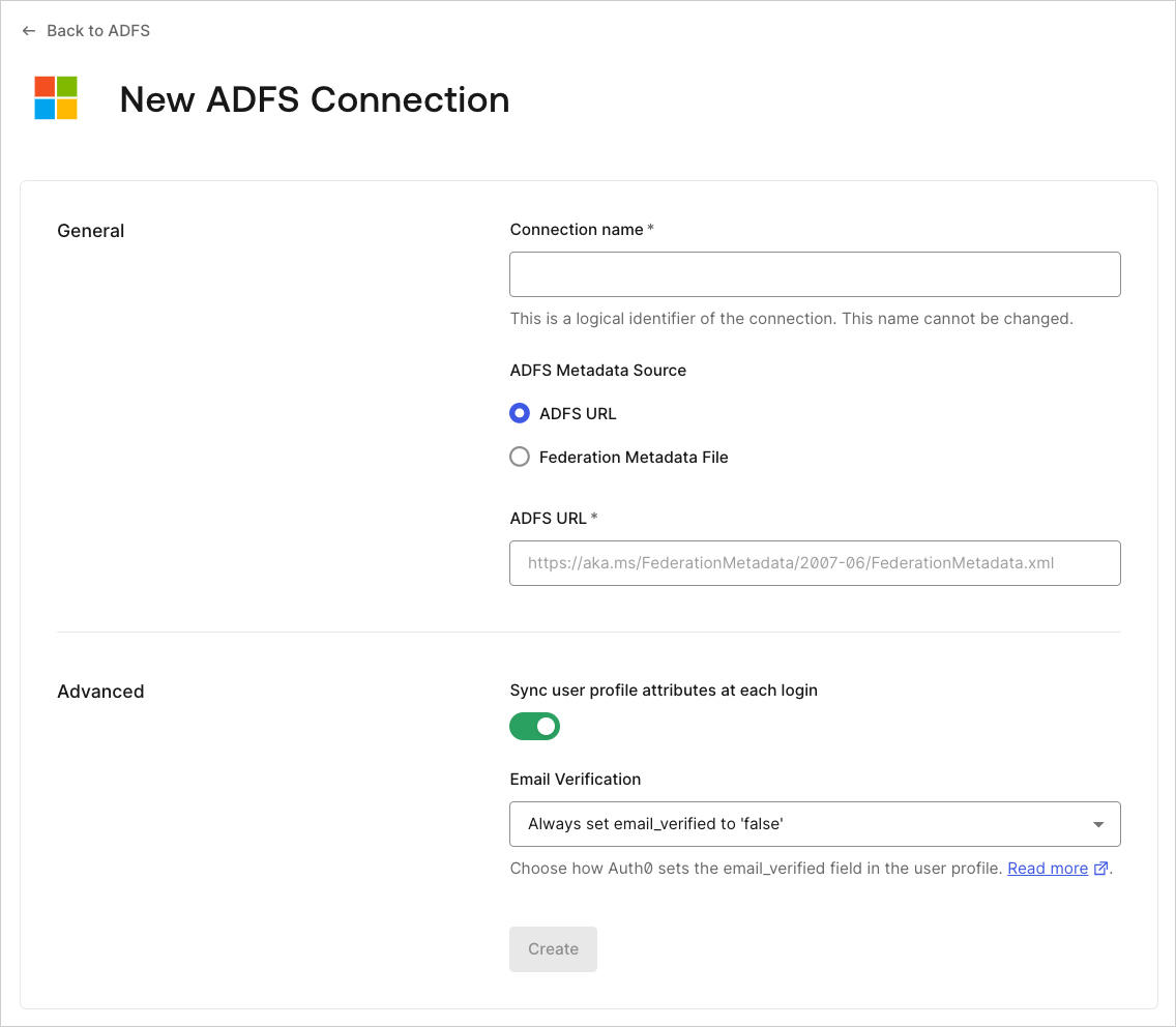 プロトコル WS-Fed Federation メタデータファイルのインポート ADFS 接続画面