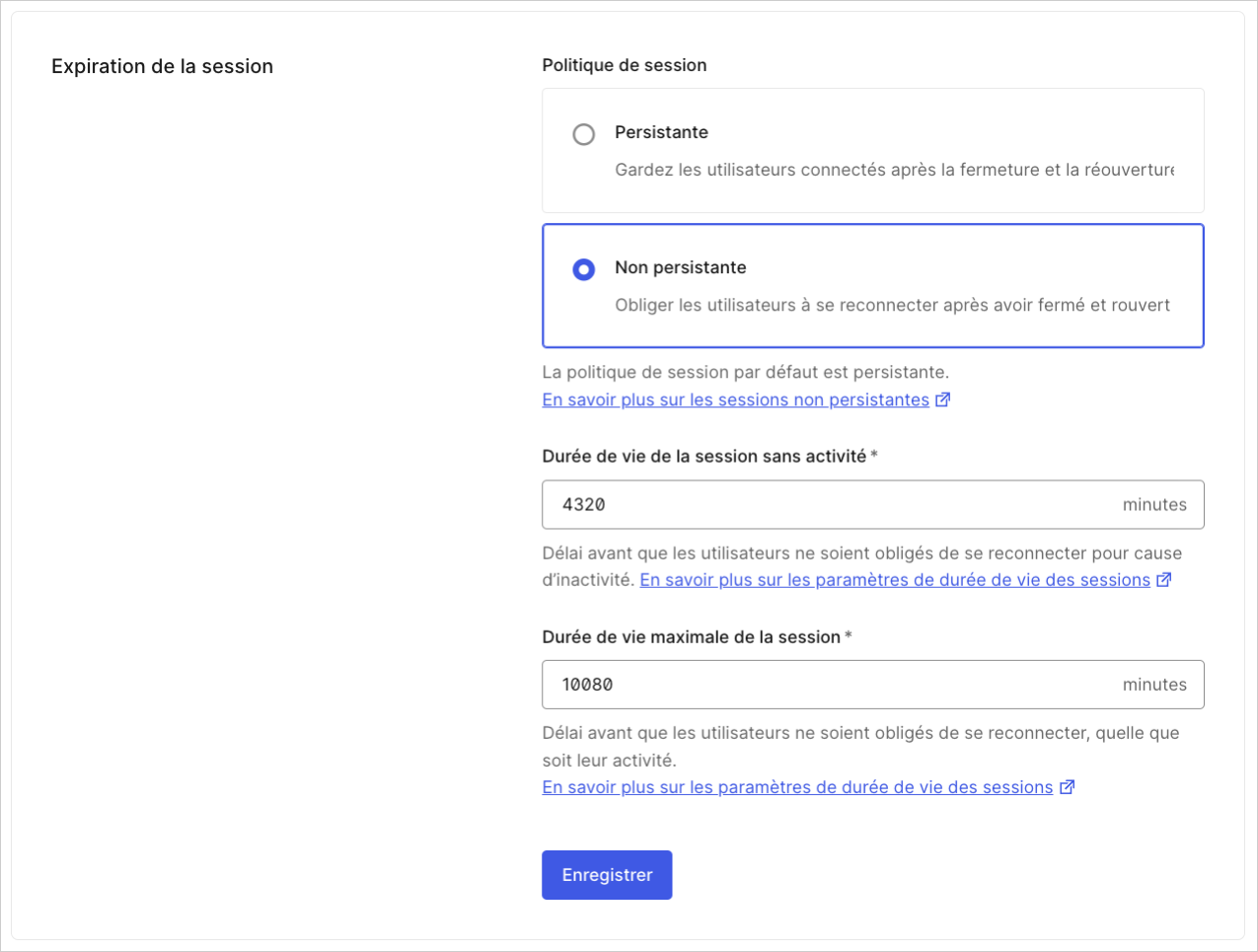 Dashboard (Tableau de bord) Tenant Settings (Paramètres de locataire) Advanced (Avancés) Login Session Management (Gestion de session de connexion)