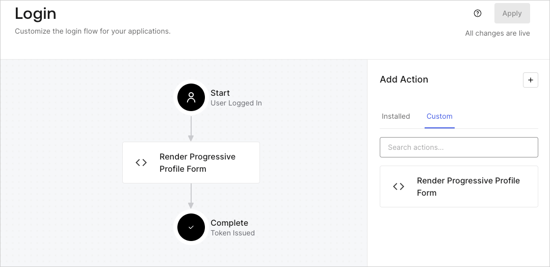Dashboard > Forms > Use Cases Progressive Profile Login Action