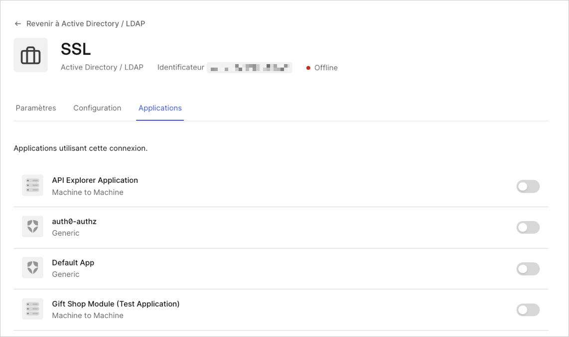 Dashboard – Connexions – Entreprise – Applications