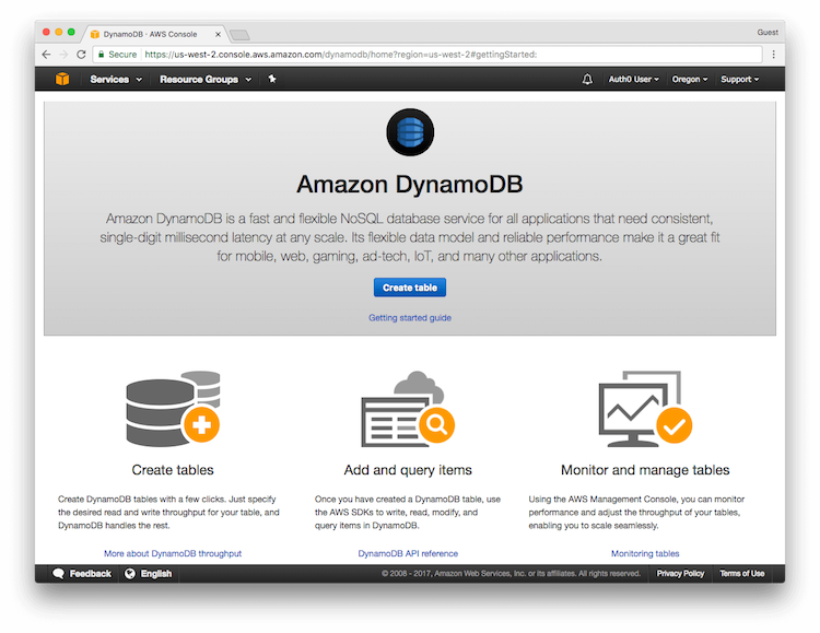 DynamoDB Console - Create Table