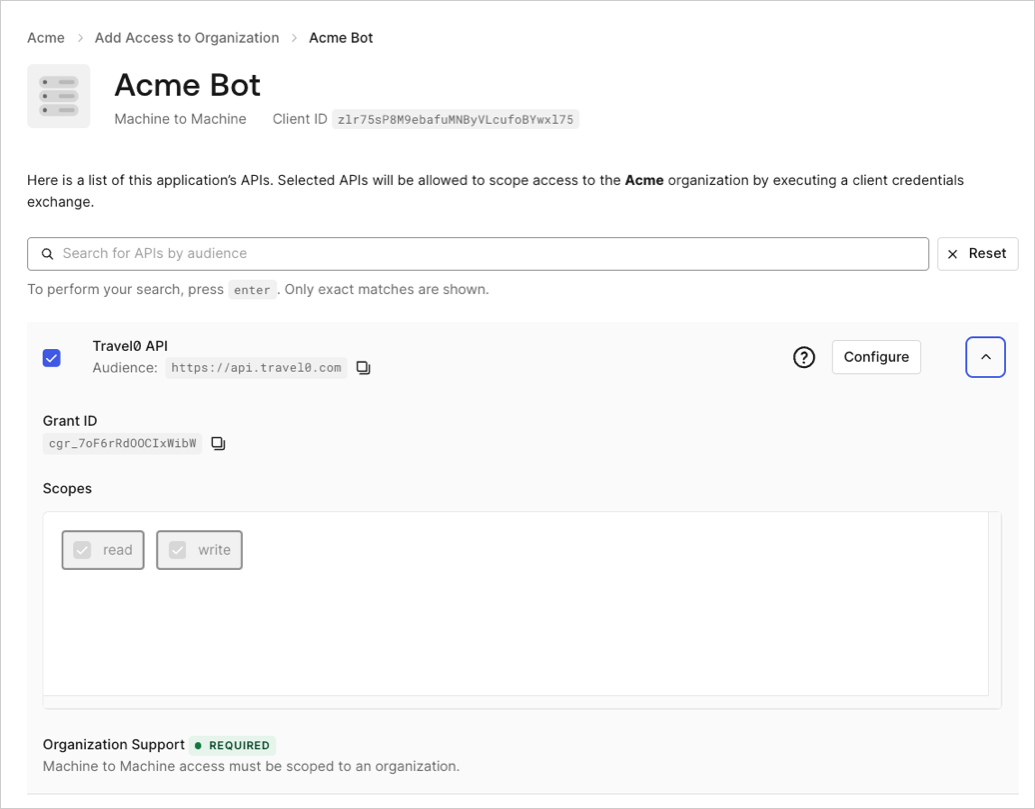 Auth0 Dashboard showing M2M access configuration for an application associated with an organization and API