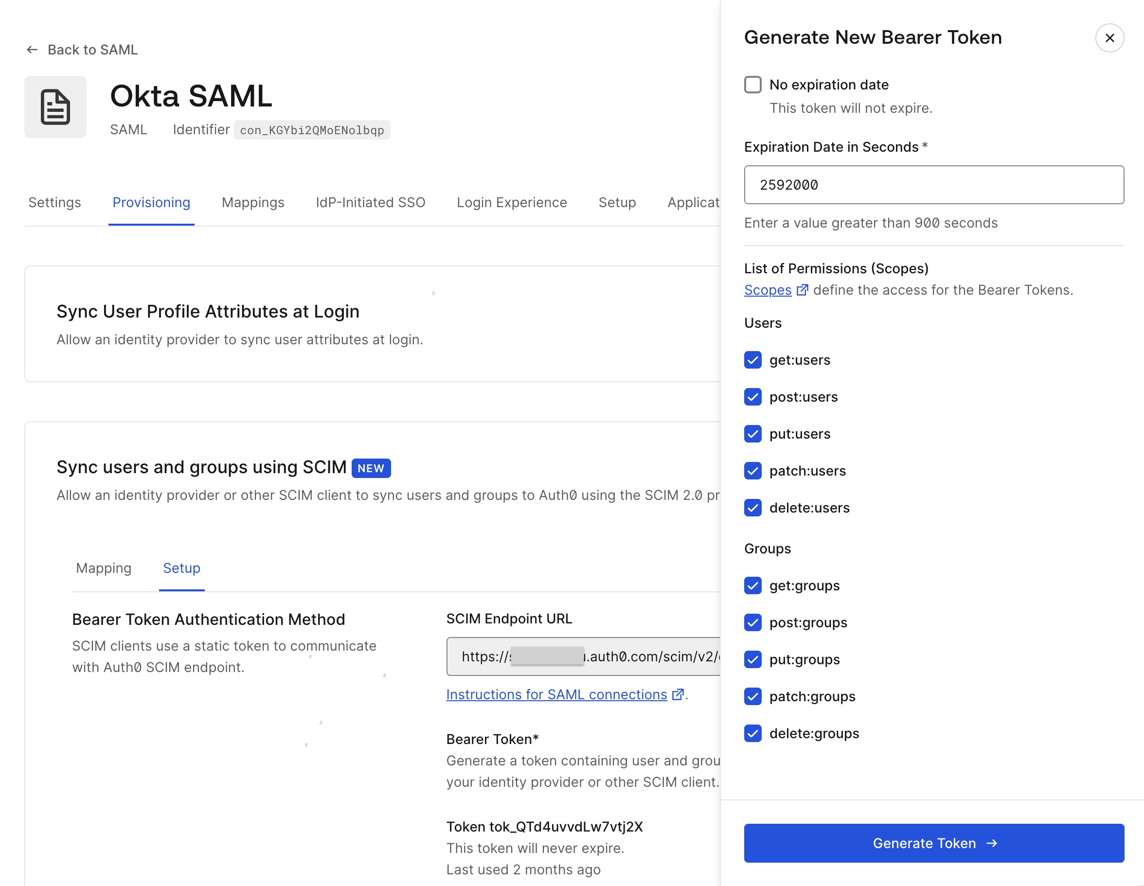 Dashboard screen for the SCIM token settings