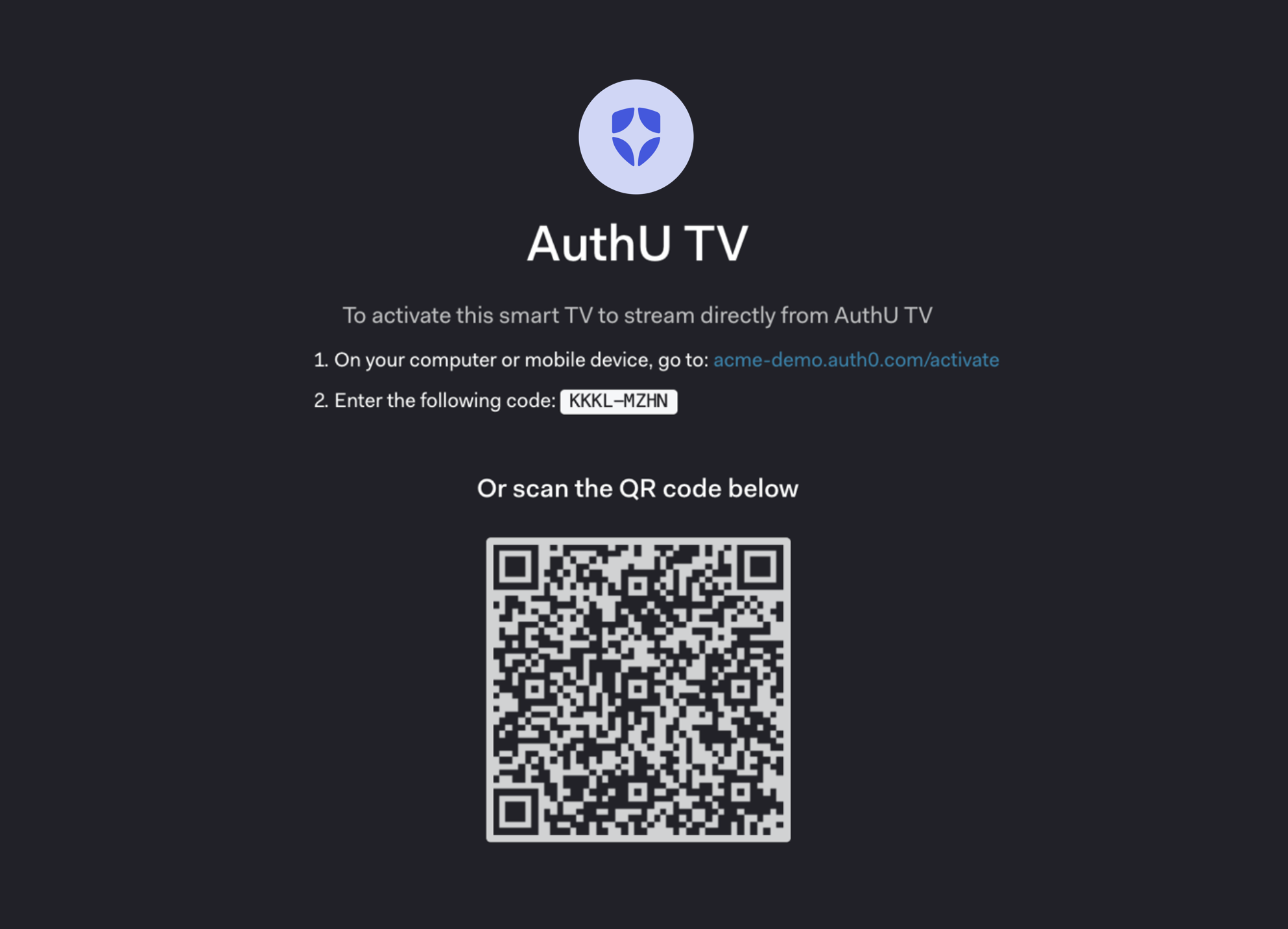 Auth0 Flows Device Authorization Request, sample page showing two activation methods, user_code and QR code