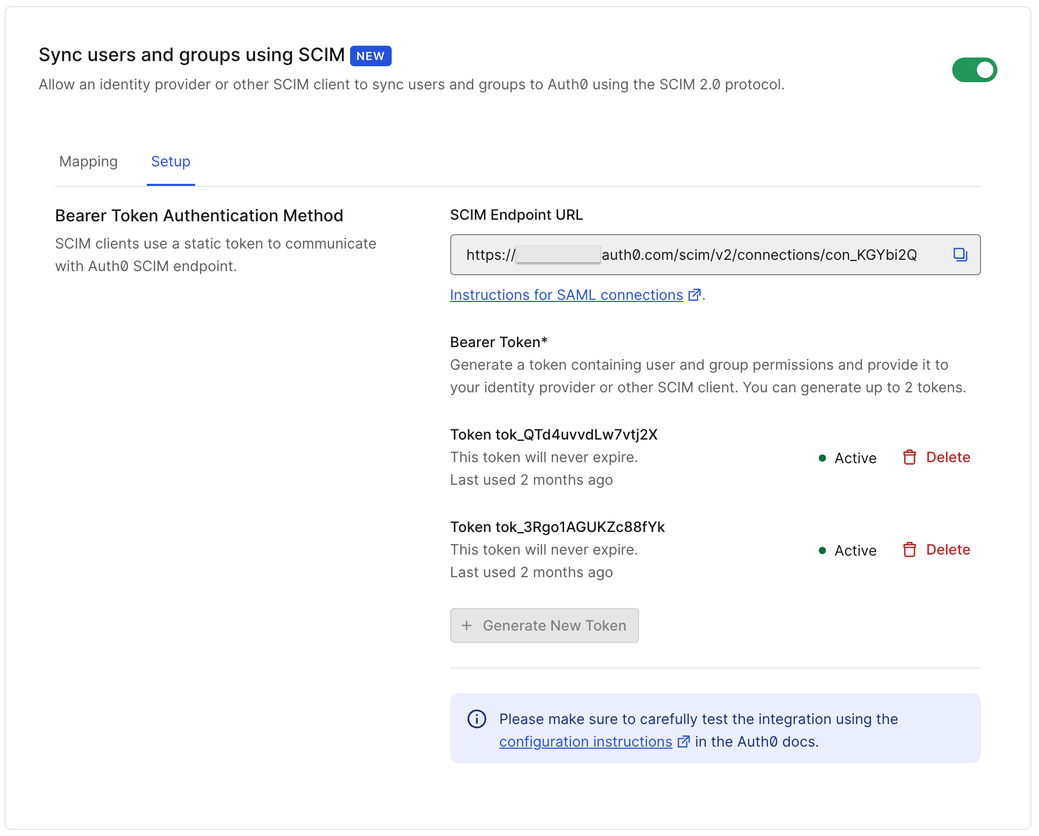 Dashboard screenshot of SCIM setup