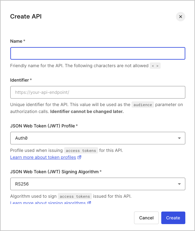 Dashboard - Applications - APIs - Create API - Popup