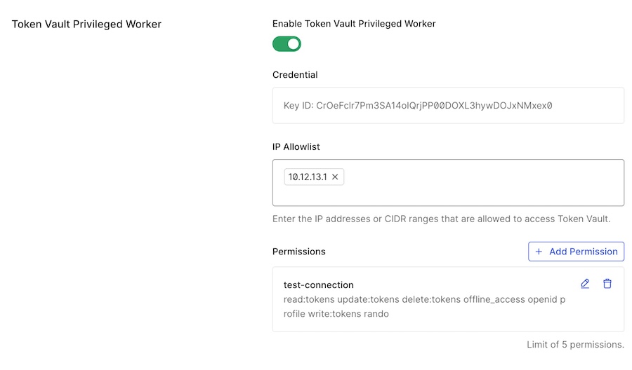 Token Vault settings showing Enable Token Vault toggle and Credential selector