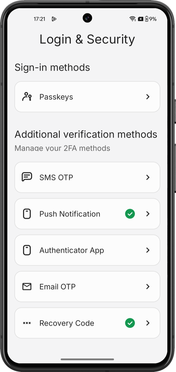 AuthenticatorSettingsComponent showing sign-in methods and verification methods on Android