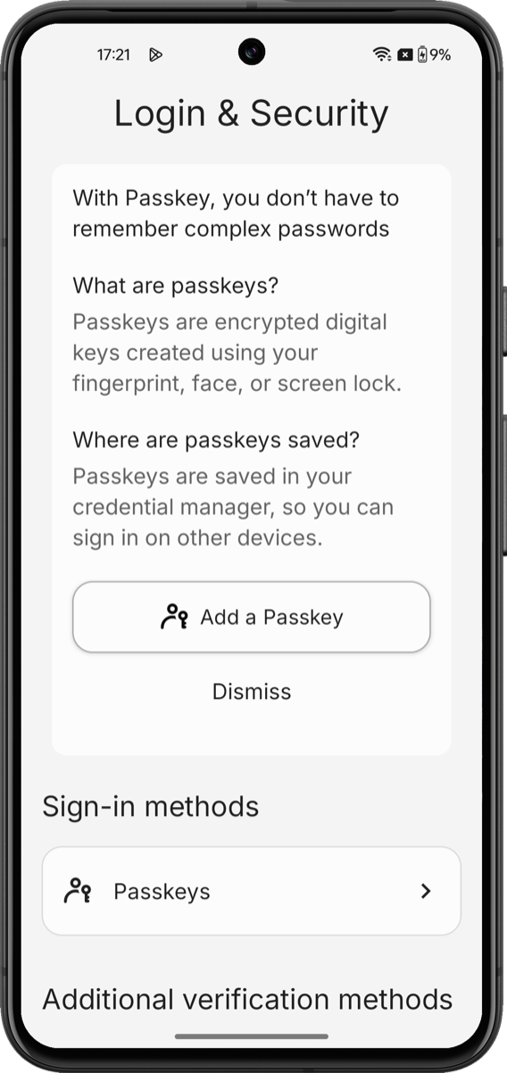 Passkey enrollment screen showing educational content and Add a Passkey button on Android