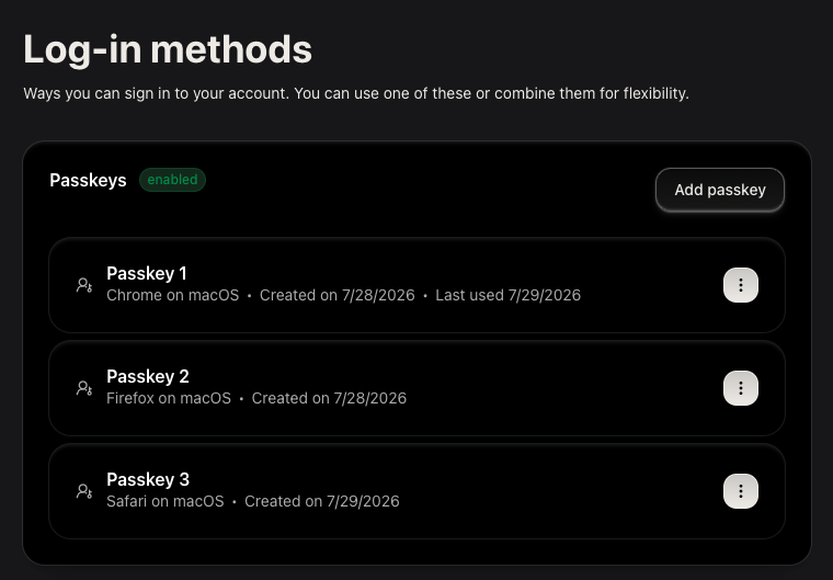 User Passkey Management component showing enrolled passkeys