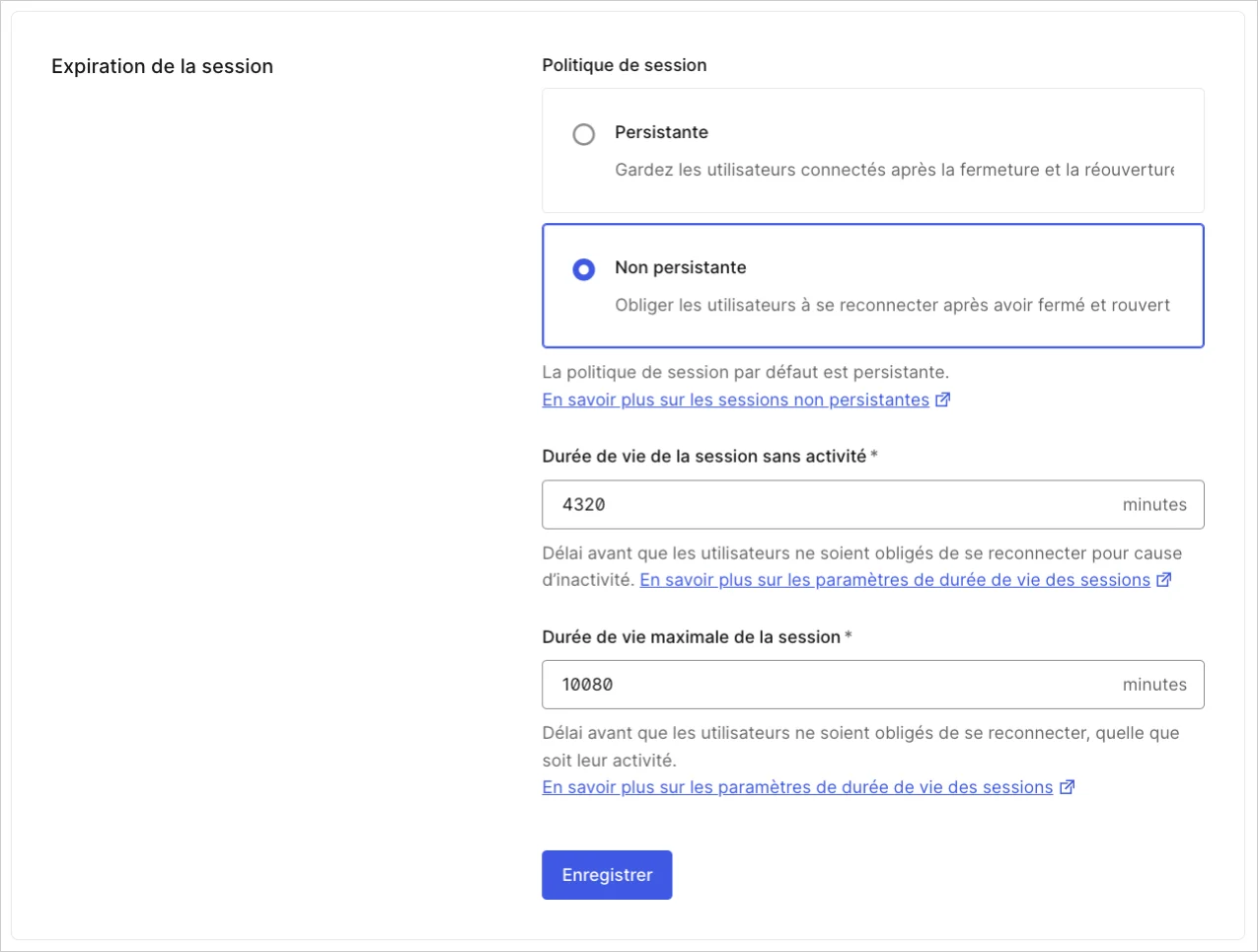 Dashboard (Tableau de bord) Tenant Settings (Paramètres de locataire) Advanced (Avancés) Login Session Management (Gestion de session de connexion)