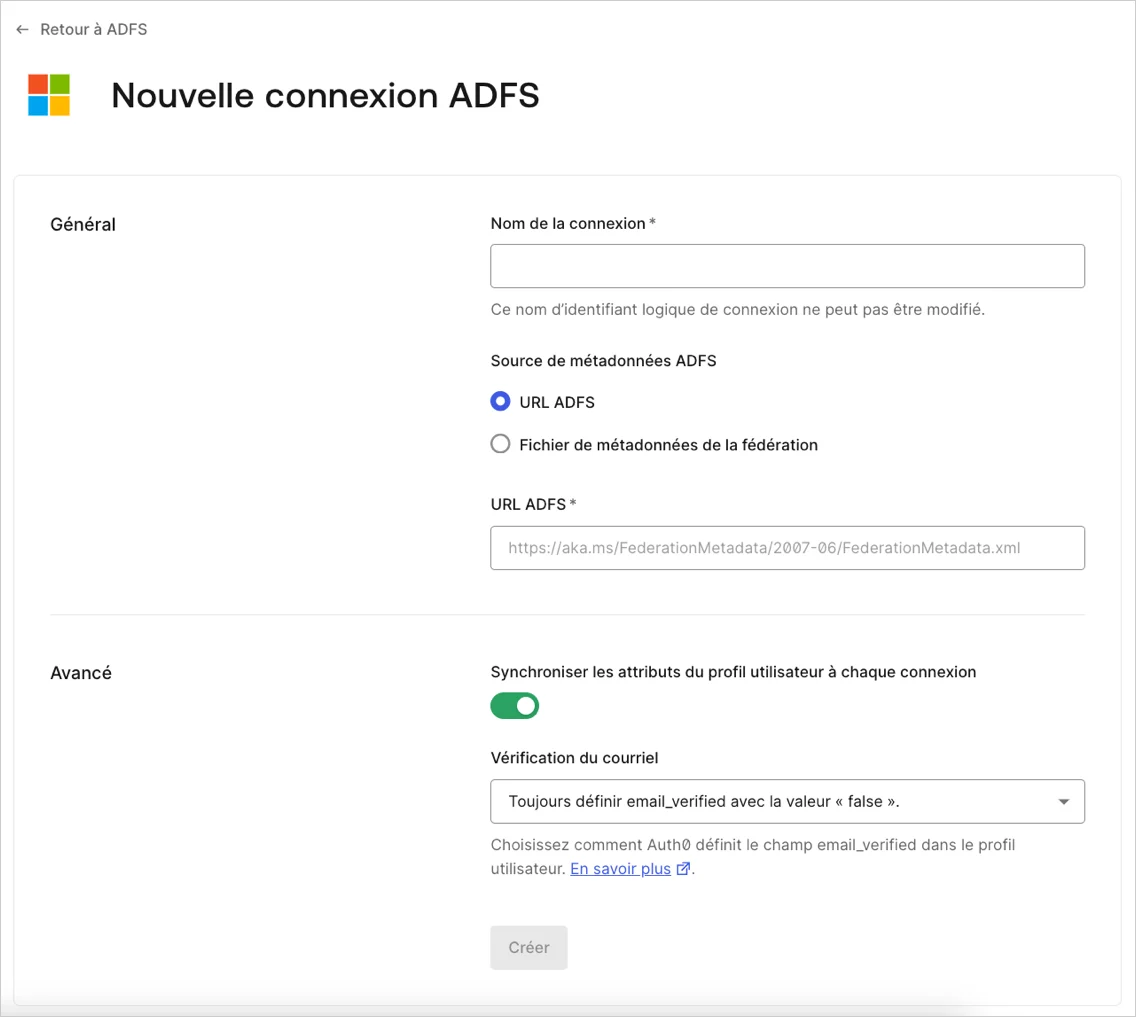Protocoles WS-Fed Importation Fédération Fichier de métadonnées Écran de connexion ADFS