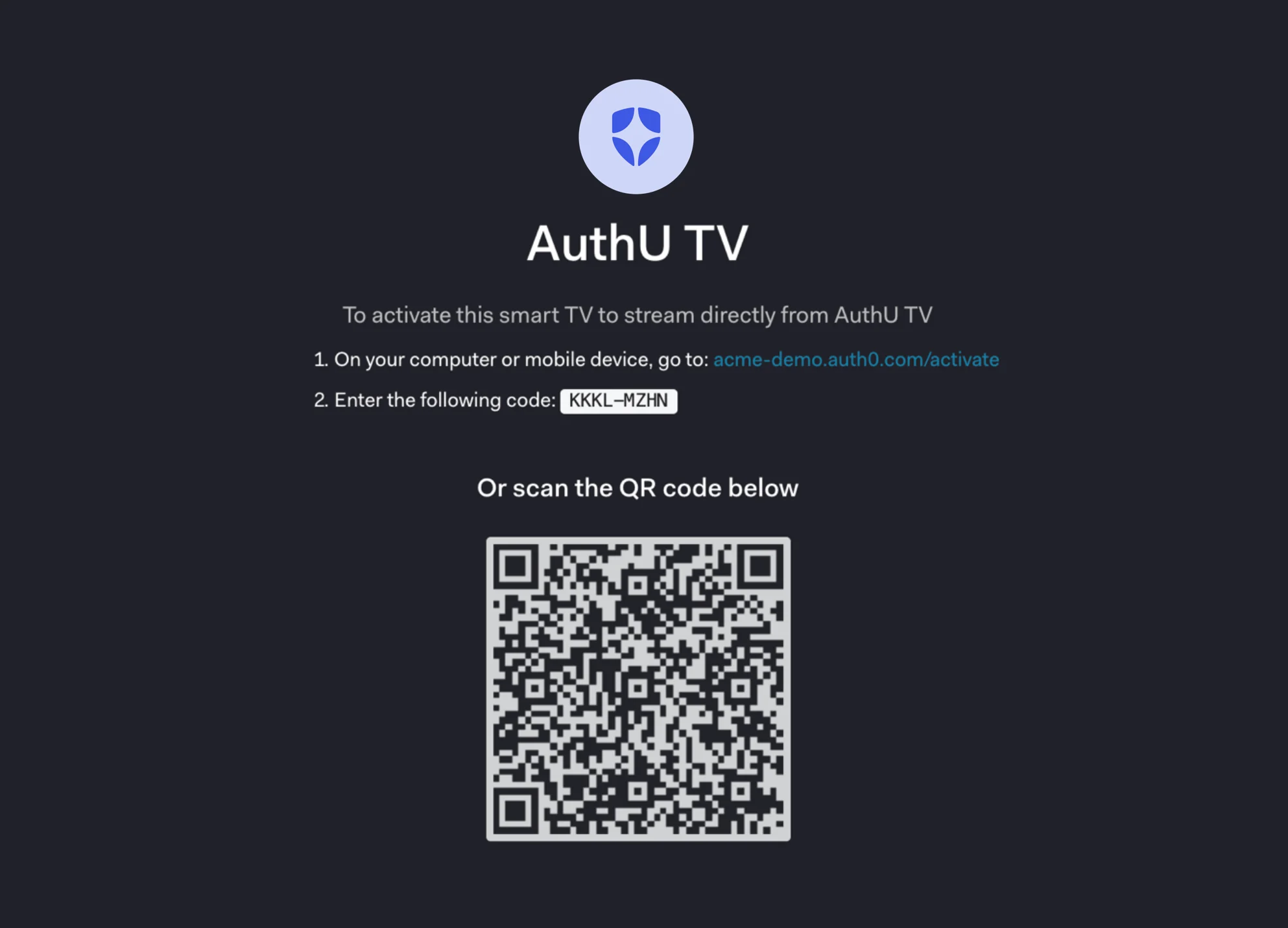 Auth0 Flows Device Authorization Request, sample page showing two activation methods, user_code and QR code