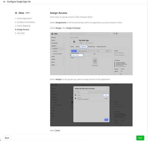 The fifth step of the self-service assistant that customer admins use to configure SSO.