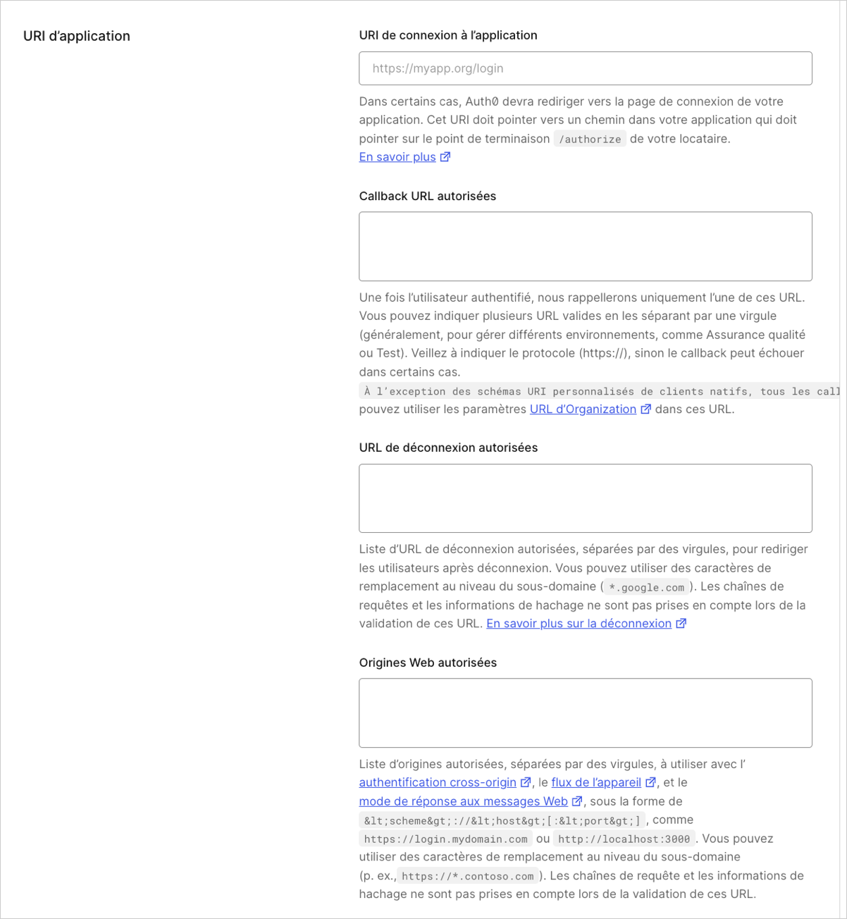 Tableau de bord Applications Paramètres d’application URIs de l’application