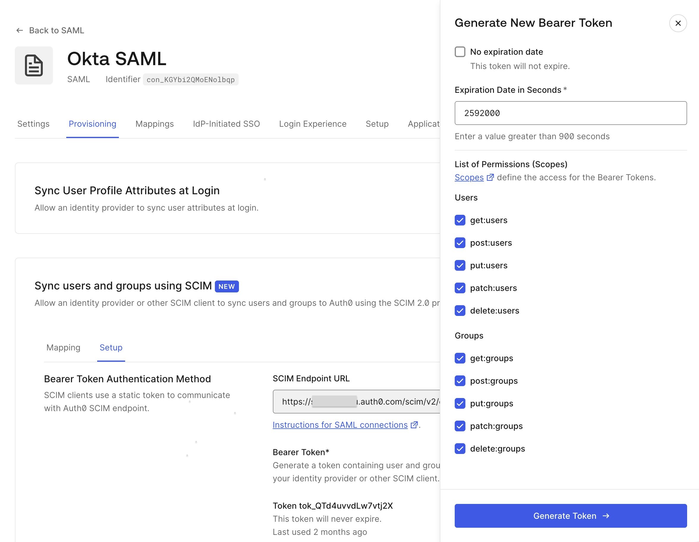 Dashboard screen for the SCIM token settings