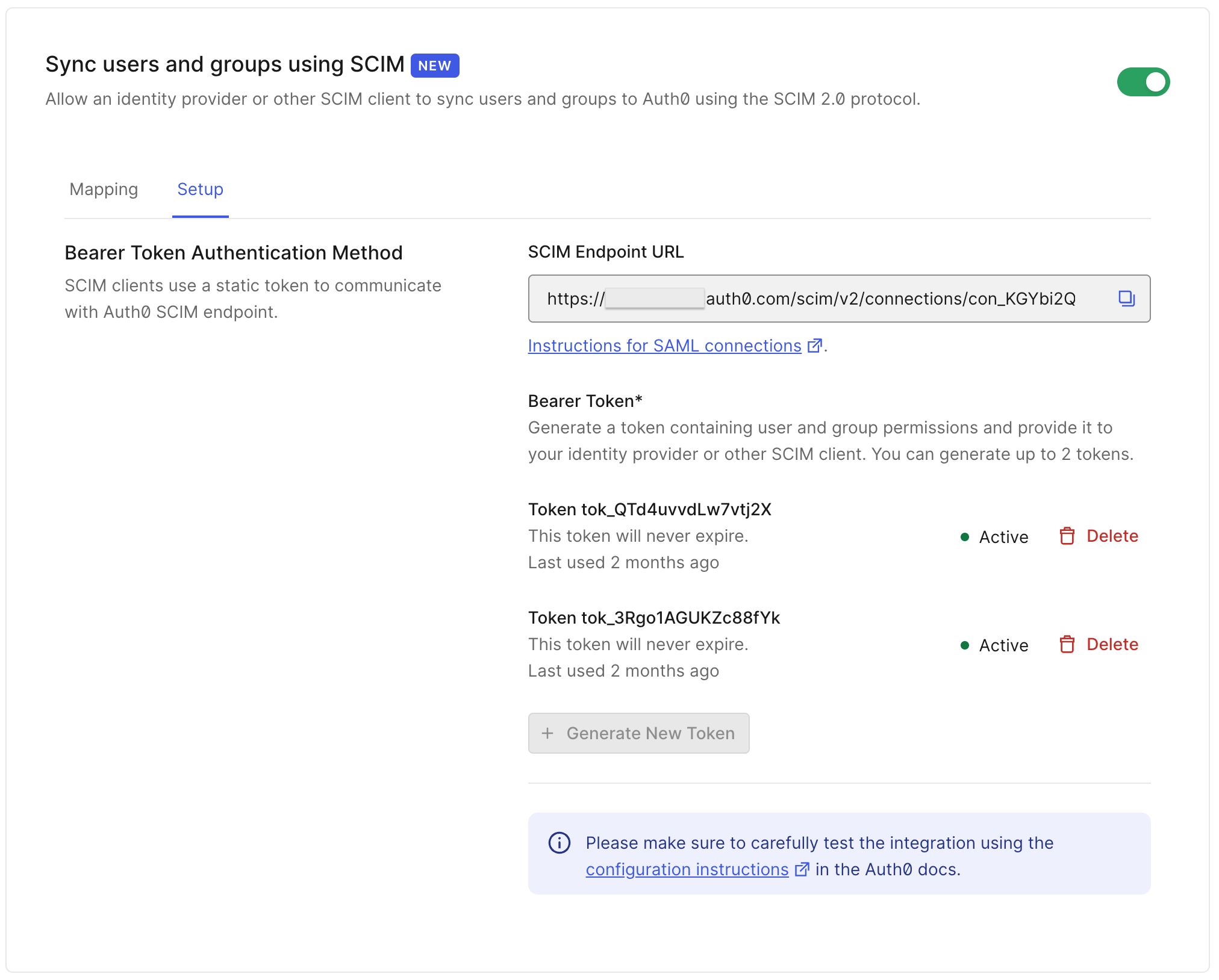 Dashboard screenshot of SCIM setup