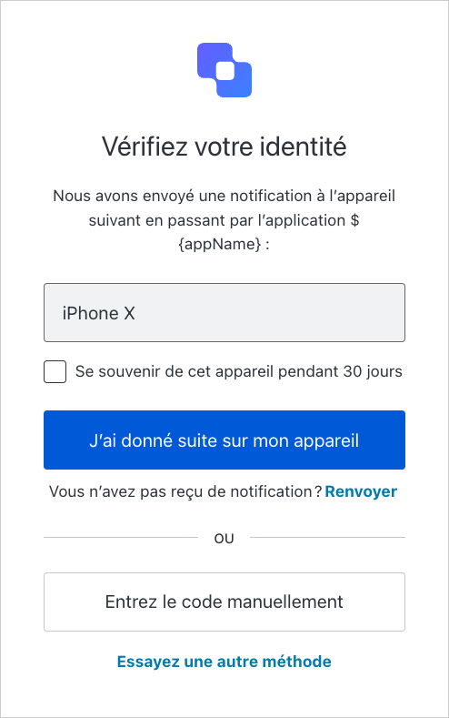 Un exemple d’invite MFA affichant le bouton Manually Enter Code (Saisir le code manuellement).