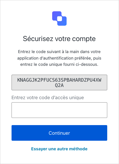 The temporary one-time password enrollment screen as displayed on a mobile device.