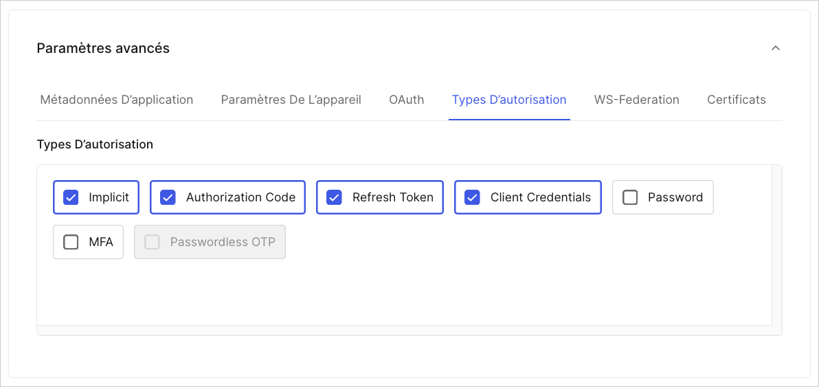 Tableau de bord - Applications - Onglet Paramètres d’application - Paramètres avancés - Onglet Types d’autorisation