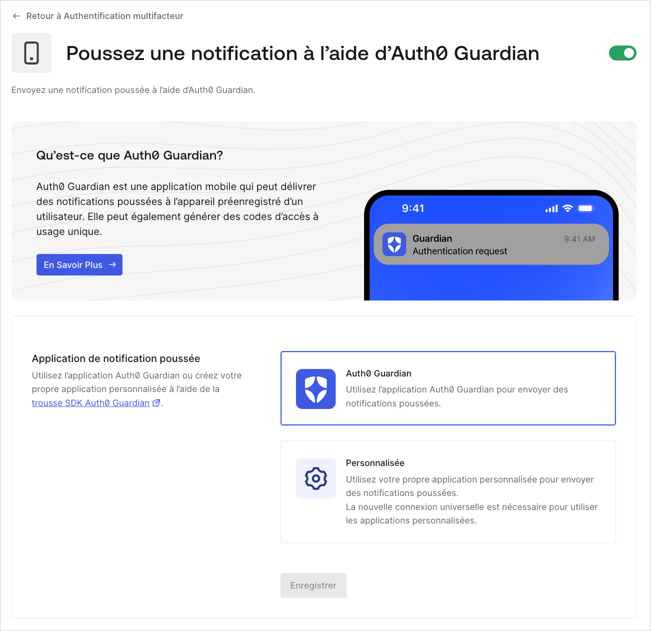 Auth0 Dashboard > Security > Multi-factor Auth > Push Notification using Auth0 Guardian