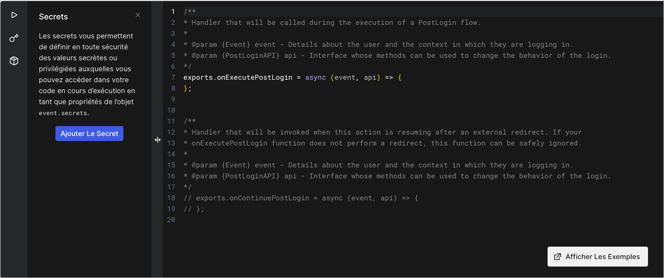 Éditeur de code d’actions - Votre secret a été ajouté dans la section Secrets.