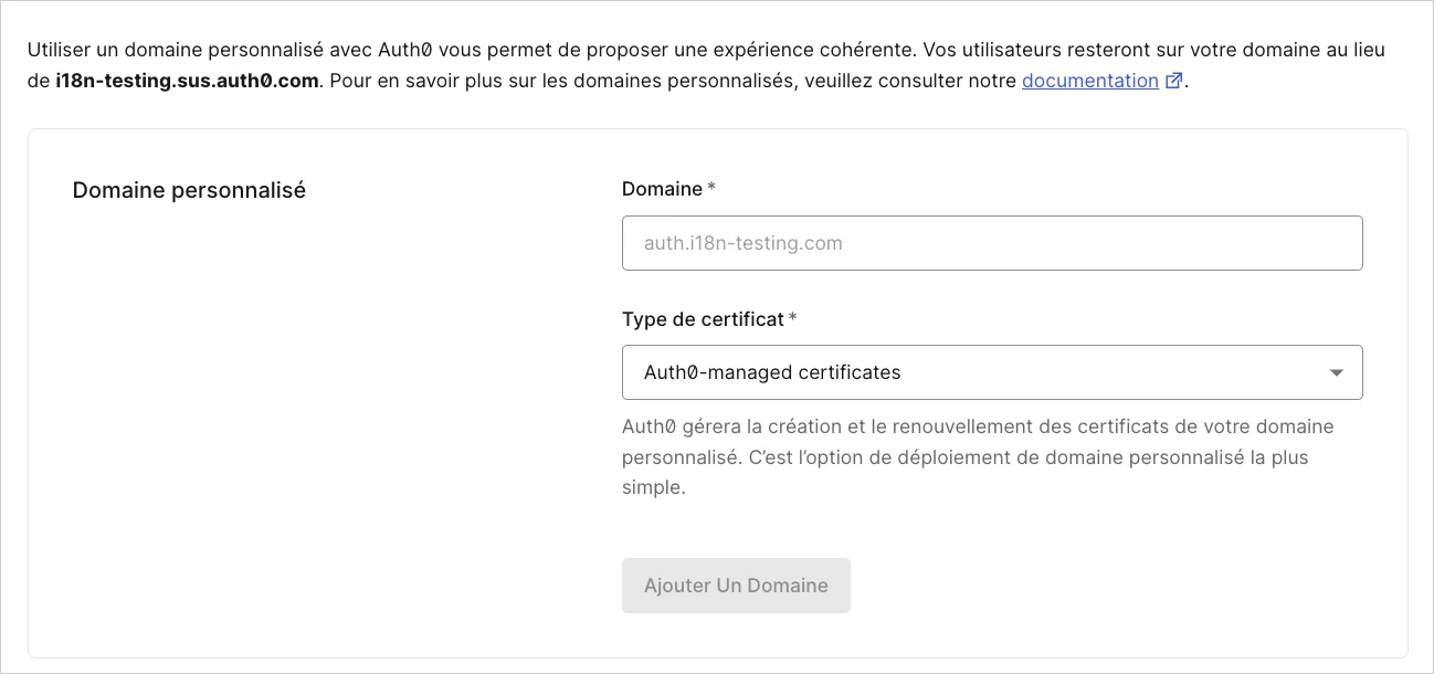 Dashboard Paramètres de locataire Onglet Domaines personnalisés
