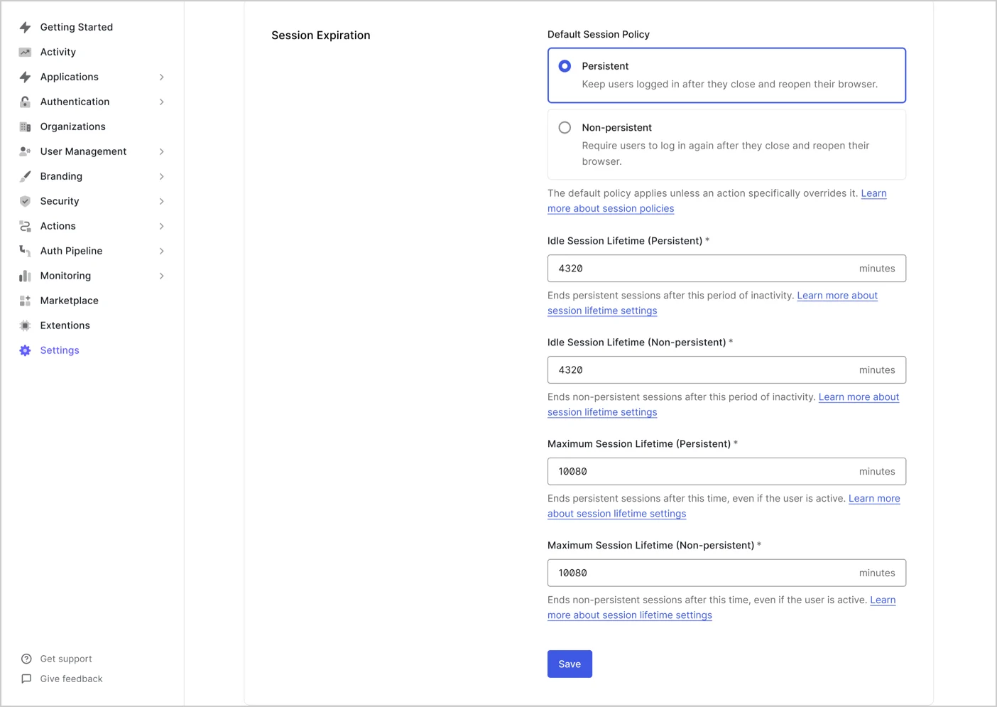 Dashboard > Tenant > Settings > Advanced > Session Expiration