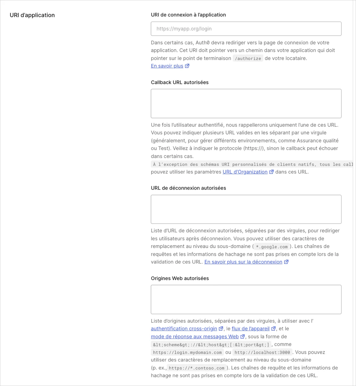 Tableau de bord Applications Paramètres d’application URIs de l’application