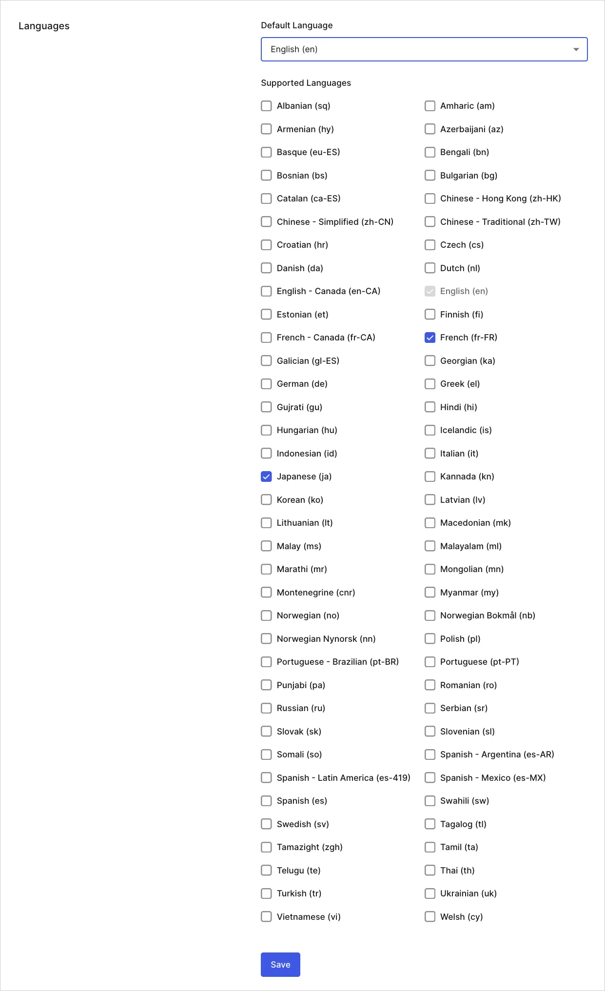 Dashboard Tenant Settings General Tab Languages